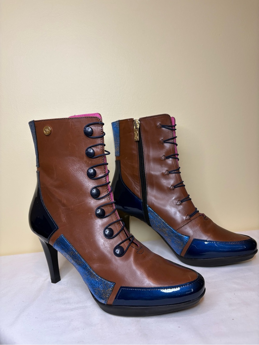 ChaniiB Brown Leather Heeled Ankle Boots with Navy and Pink Accents Size 38